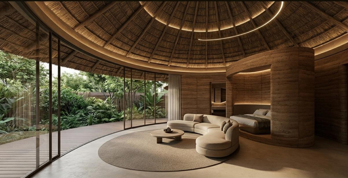 Zende sanctuary lounge — circular thatched pavilion overlooking landscaped gardens, near Harare